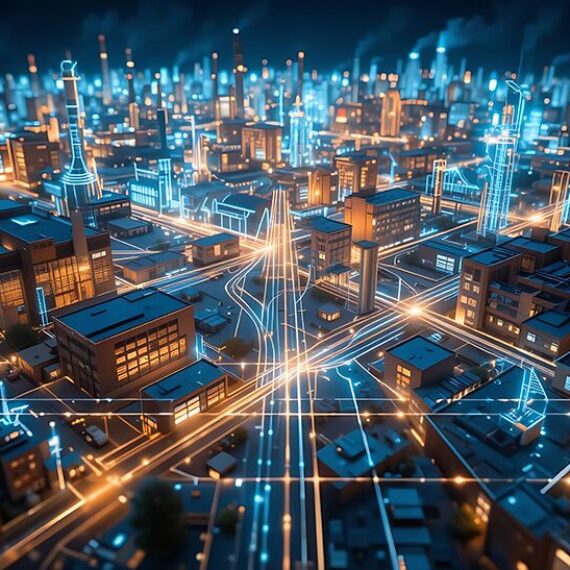 An energy grid visualized as glowing lines powering abstract representations of factories, offices, and shops