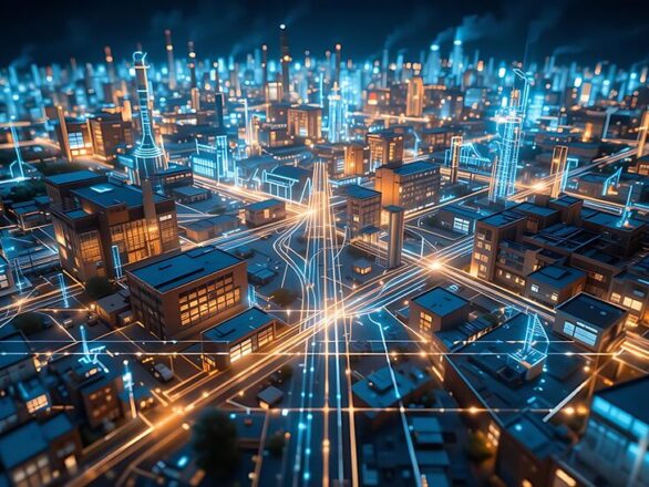 An energy grid visualized as glowing lines powering abstract representations of factories, offices, and shops